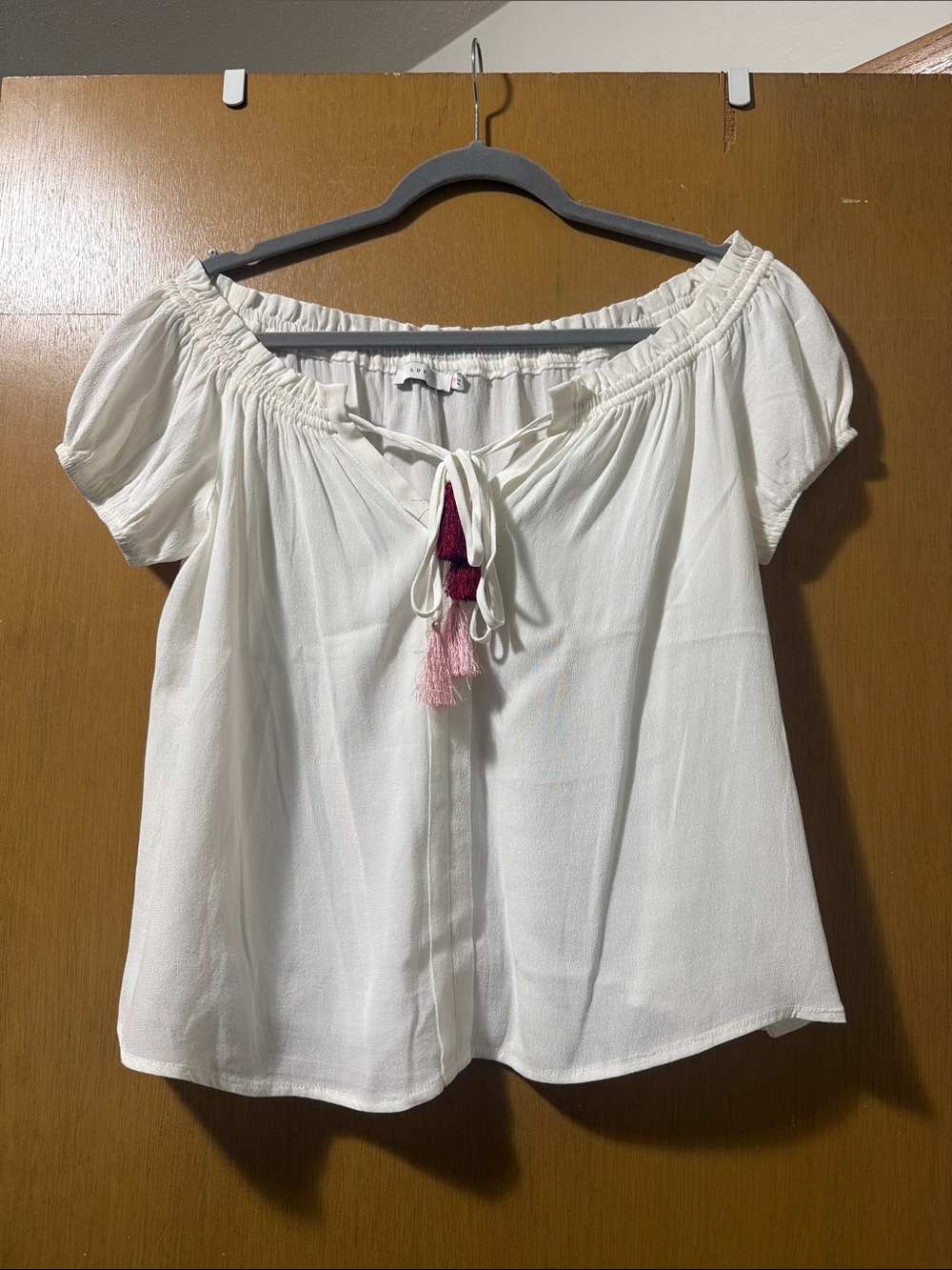 Women's Off-Shoulder White Peasant Top with Tassel Tie